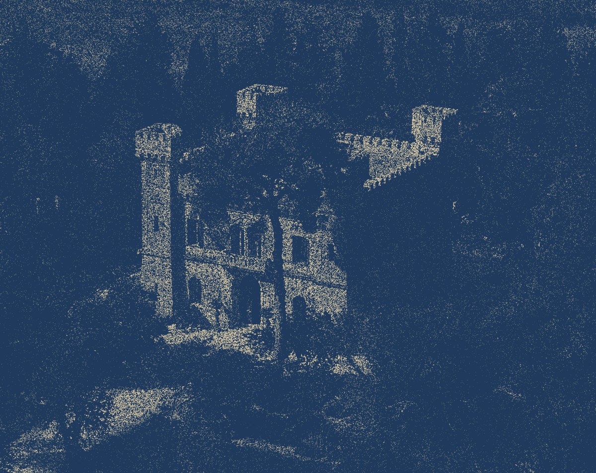 Castello Elvira come nuvola di punti color sabbia su fondo blu